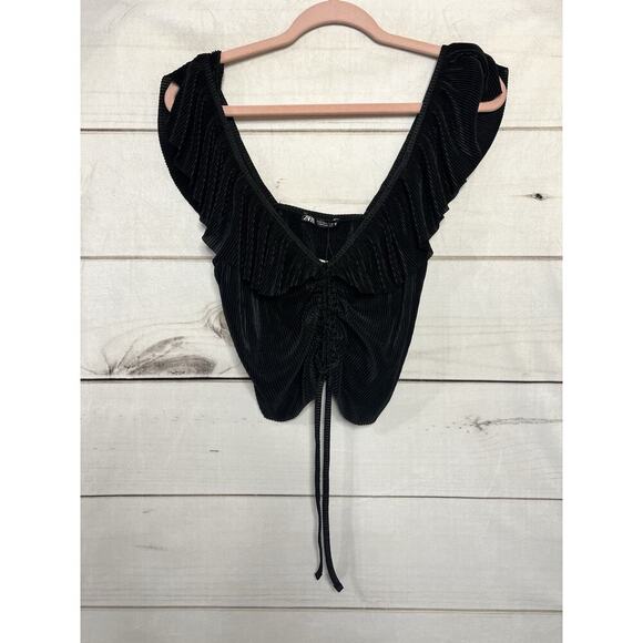 Zara Women Top Large Black 100% Polyester Plunge V Neck Ruffle Crop Fit Tank NWT - Picture 1 of 6